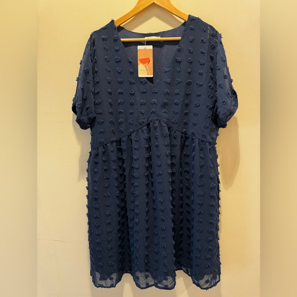 Babydoll Dress V Neck Swiss Polkadot Size L Navy NWT